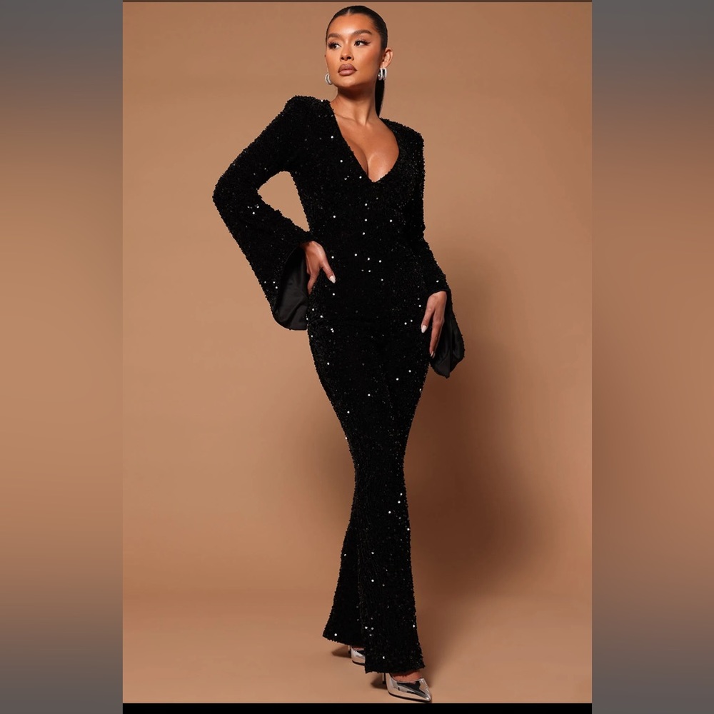 FASHIONNOVA Reina Sequin Jumpsuit - Medium, Black, NWT